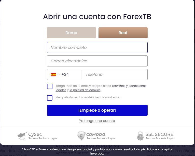 Cuenta real o cuenta demo en ForexTB